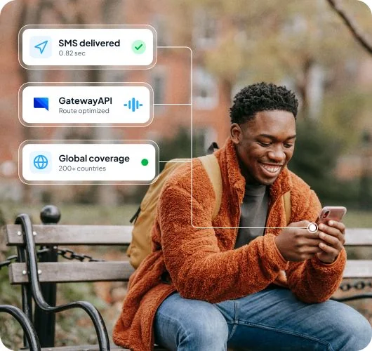 A person using their phone, with a diagram showing SMS delivery and GatewayAPI’s global network