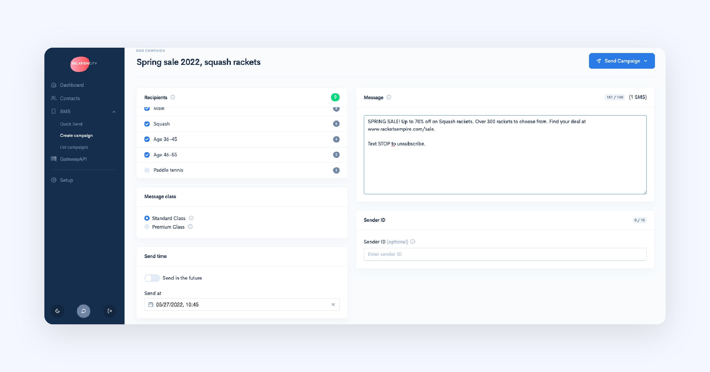 Setting up an SMS campaign based on contact groups in relationcity